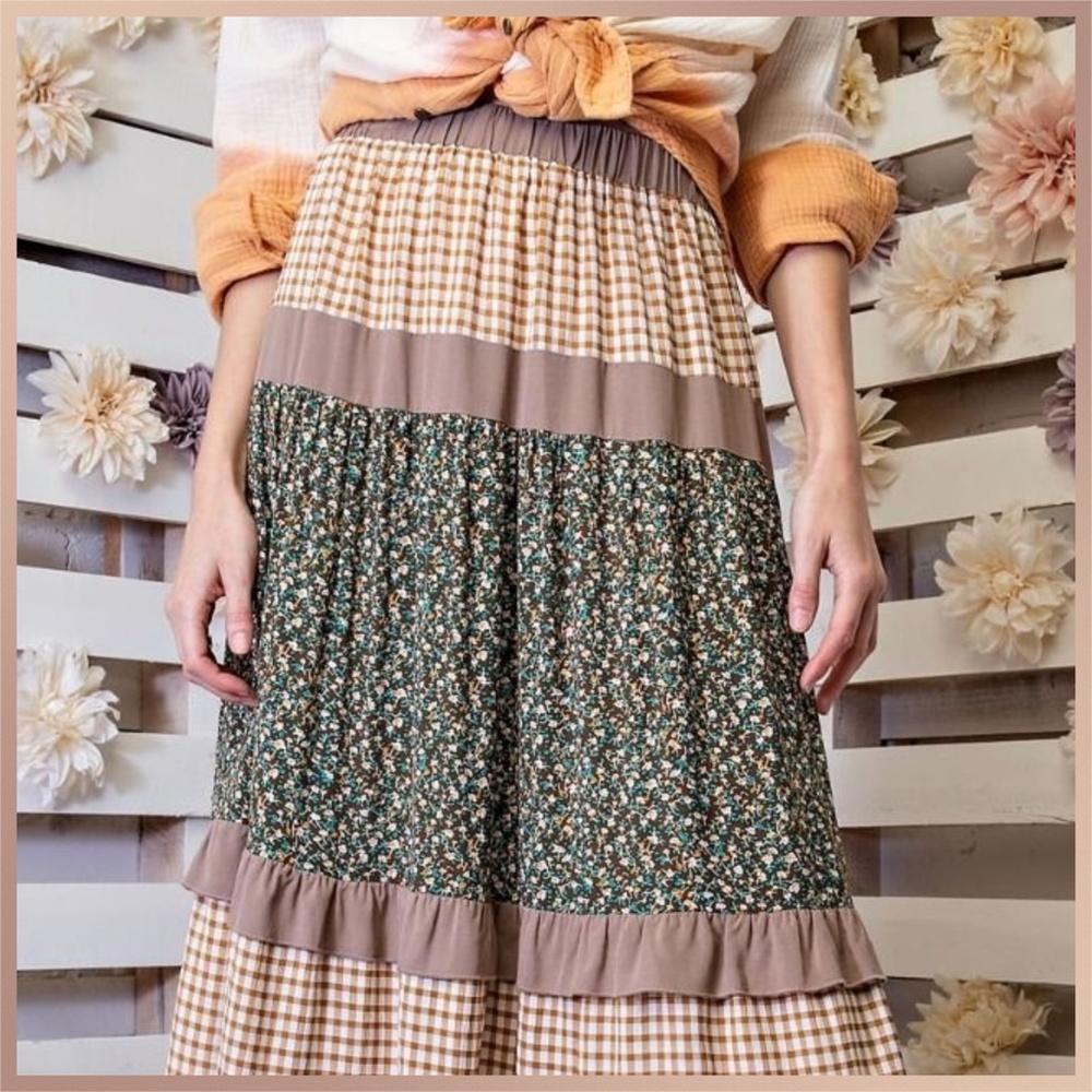 EASEL "Mix & Match" Gingham & Floral Print Ruffle Trim Tiered Maxi Skirt & Dress - Picture 4 of 16
